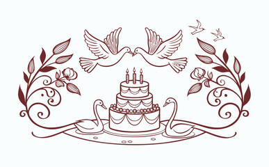 Elegant hand-drawn romantic frame showing doves carrying ribbons, a wedding cake with candles, and swans symbolizing eternal love in one charming illustration.