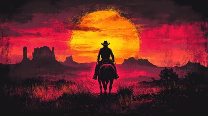 Lone cowboy riding horseback into a vibrant sunset over a desert landscape.