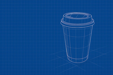 Wireframe blueprint drawing of a disposable coffee cup.