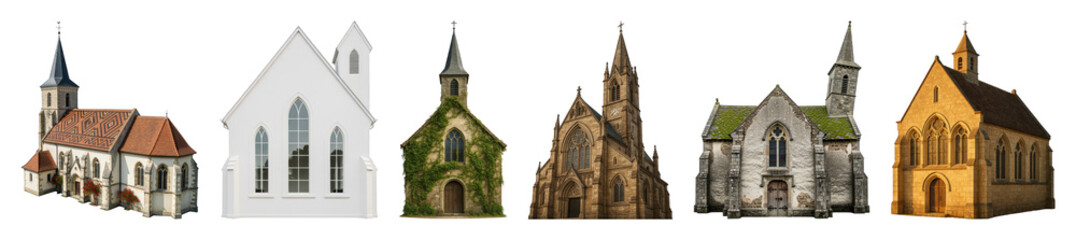 Fototapeta premium Churches set including six diverse architectural styles isolated. Religious buildings and construction elements collection.