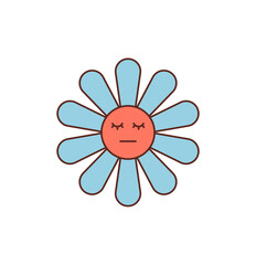 Groovy retro blue cartoon flower sticker with cute funky smiley face style. Groovy element and y2k flower design create a playful sticker in bright blue for fun and trendy accent decor.