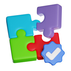 Colorful puzzle pieces completing with check mark symbol on transparent background