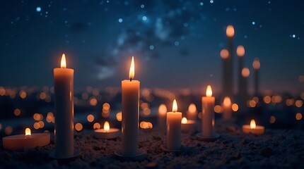 Warm Candlelight Glow Under a Starry Night Sky, Creating a Serene and Spiritual Ambiance with Bokeh Effects