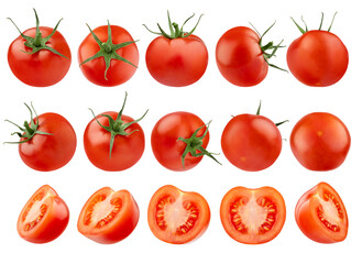 Big collection of organic cherry tomatoes, perfect whole and sliced, with juicy pulp and green stems, isolated, studio shot. Perfect for nutrition and gardening product branding, as design element.