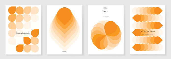 Modern gradient poster on white background vector set. Minimalist cover template with orange perspective geometric prism shapes in motion. Ideal design for social media, cover, banner, flyer.