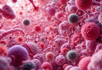 Intricate pink and red microscopic structures illustrating the dynamic world of microbiology and cellular health in vivid detail.
