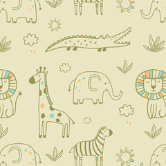 Vector seamless pattern with cartoon safari jungle animals zebra, lion, elephant, crocodile, giraffe, leopard, rhinoceros, hippopotamus. Hand draw cute animals in sketch style. Doodle style line art.
