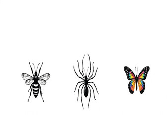 A collection of different insect silhouettes, including a butterfly, spider, beetle, and bee, in a seamless pattern white background.




