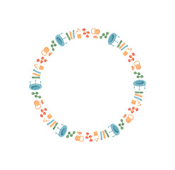 Colorful seamless flat sport frame with fitness equipment in a round pattern. Gym and workout circle border with decoration and ornament. Perfect for fitness designs, health themes, colorful trendy