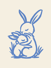 Mother rabbit hugging baby bunny minimalist sketch vector illustration