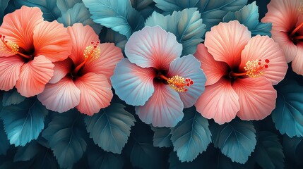 Lush coral and teal hibiscus flowers with dark green leaves.