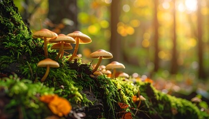 Forest floor mushrooms bathed in sunlight