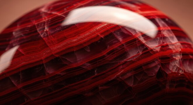 Close-up of a red agate sphere with banded patterns and smooth surface