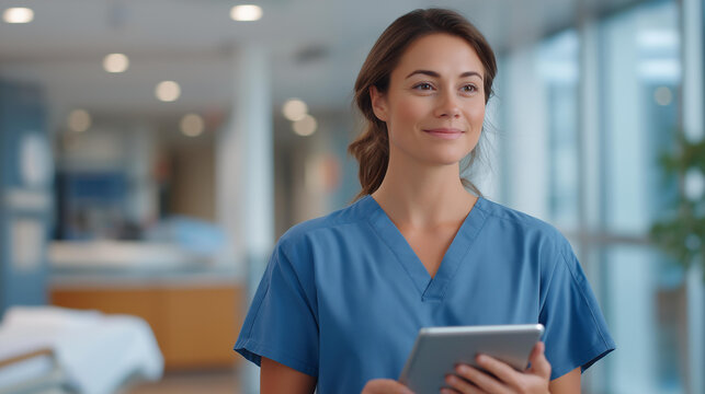 a hospital corridor with carts and doors cluttered with medical charts soft natural light from windows a doctor in scrubs walking with a tablet natural poses as she scrolls