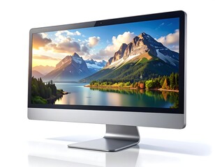Sleek desktop computer with scenic mountain and lake display on white backdrop