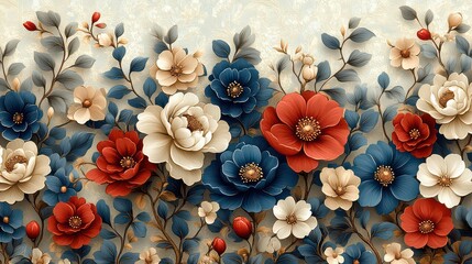 Lush floral arrangement with red, blue, and cream flowers and leaves on a textured background.