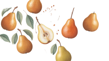 Watercolor pears with leaves a botanical illustration on Transparent Background