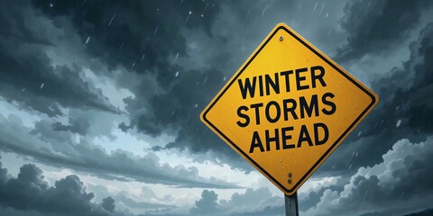 Warning sign with 'Winter Storms Ahead' against a backdrop of dark, ominous clouds signaling impending stormy weather.