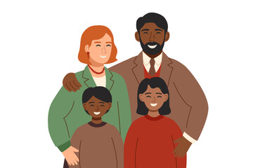 Illustration of family with two children isolated on white background. Family concept. Black and white skin tone people. Vector flat clipart.