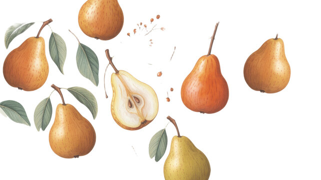 Watercolor pears with leaves a botanical illustration on Transparent Background