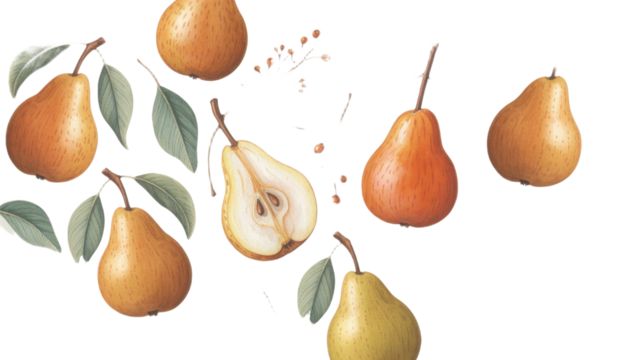 Watercolor pears with leaves a botanical illustration on Transparent Background