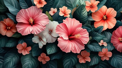 Lush hibiscus flowers and tropical leaves.
