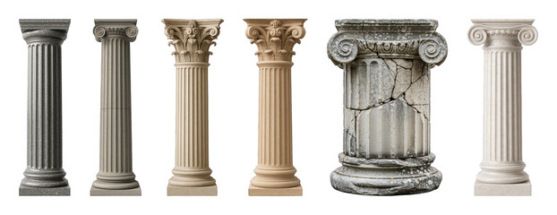 Obraz premium Architectural columns set including Doric, Ionic, Corinthian styles in stone and marble isolated. Ancient and classical design elements.