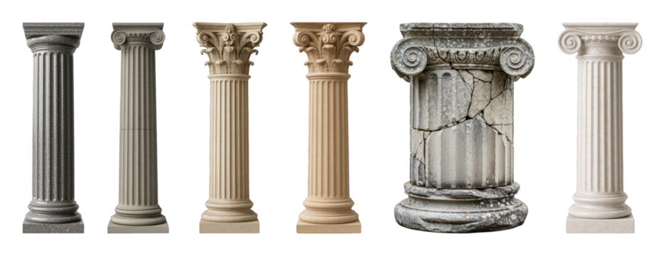 Architectural columns set including Doric, Ionic, Corinthian styles in stone and marble isolated. Ancient and classical design elements.