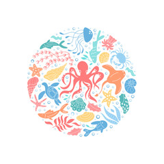 Underwater ocean concept in cartoon graphic style. Marine life, including fish, starfish, jellyfish, and turtles, arranged in a round circle composition. Vibrant reef design perfect for aquatic