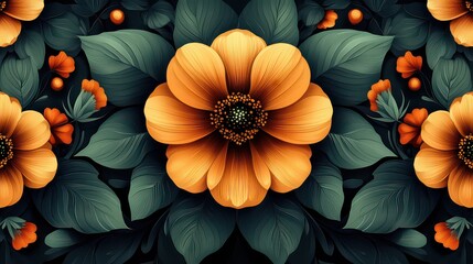 Lush orange flower blooms amidst dark green leaves, seamless pattern.