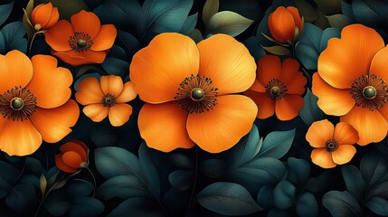 Lush orange poppies blooming in dark foliage, seamless pattern.