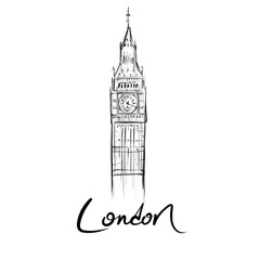 Big Ben of London drawing, hand-drawn digital line art illustration