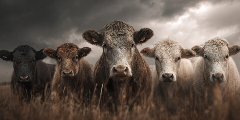 Herd of cows standing in field under cloudy dramatic sky close view - AI generated