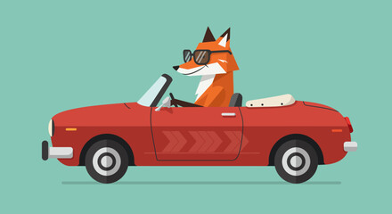 Retro flat design illustration of a cool animal, a fox wearing shades and driving a vintage red car on a road trip