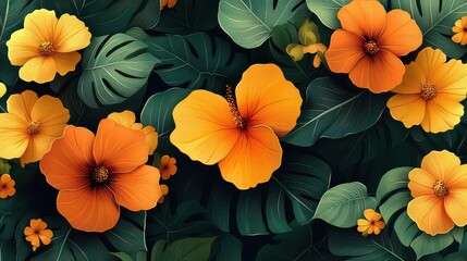 Lush tropical floral background with vibrant orange hibiscus and yellow flowers amongst monstera leaves.