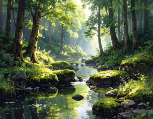 Obraz premium Serene forest landscape with a gentle stream and moss covered rocks