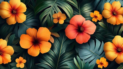 Lush tropical floral background with vibrant hibiscus and monstera leaves.