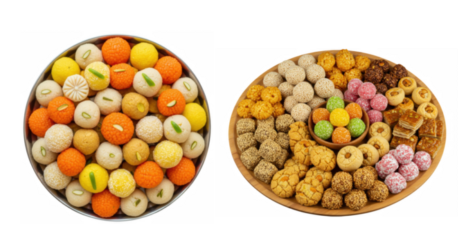 Assortment of indian sweets and snacks on plates isolated on transparent background