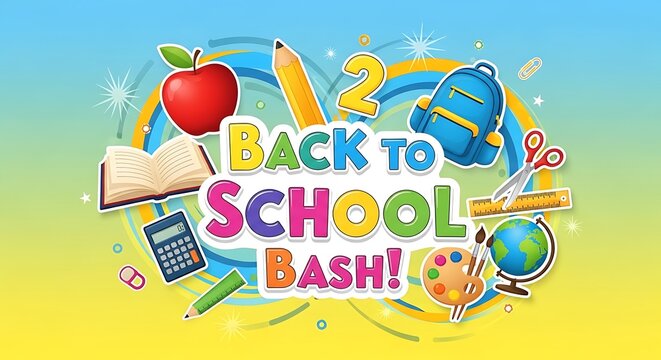 Vibrant Back to School Bash Illustration with Educational Icons and Cheerful Typography for Welcoming Students