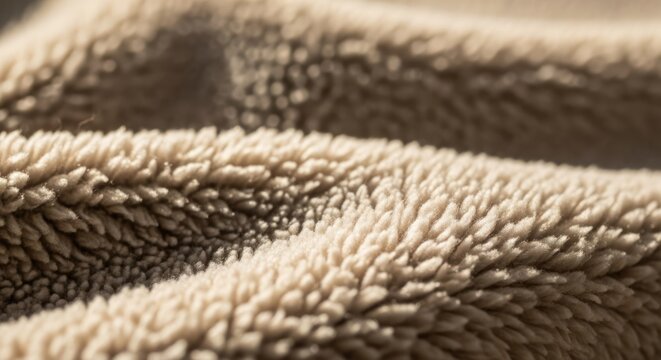 Close-up shot of cozy, soft beige fleece fabric with natural lighting