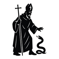 Obraz premium Saint Patrick Silhouette with Cross Banishing Snake Vector Illustration