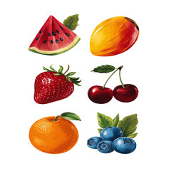 Collection Of Fresh Juicy Fruits And Berries On A White Background