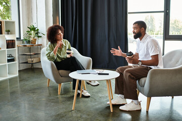 Fototapeta premium Engaging conversation during a job interview in a contemporary office setting