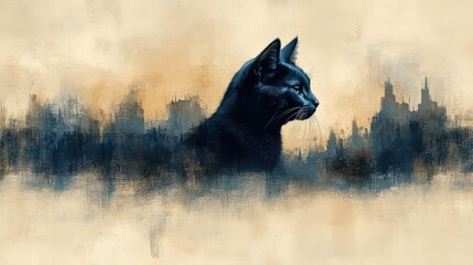 Majestic black cat silhouette against a hazy cityscape backdrop.