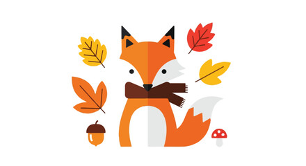 Fototapeta premium Autumn Fox Surrounded by Colorful Leaves, Acorn, and Mushroom A Seasonal Graphic Design