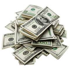 Pile of cash with hundred dollar bills creating a large stack on a white background during financial planning