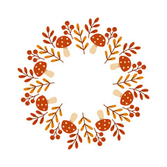 Autumn wreath of forest berry, leaves and mushrooms. Woodland decorative chaplet. Round border of fall elements. Vector flat isolated for seasonal invitations, cards, packaging, covers, sales, prints