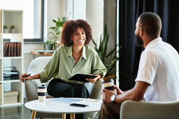 Young professionals engage in a dynamic job interview in a contemporary office setting