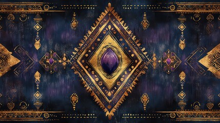 Luxurious dark blue and gold ethnic patterned textile with a gemstone.