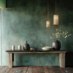 Rustic wooden table displays minimalist decor against a textured green wall, featuring vases, flowers, and pendant lamps.